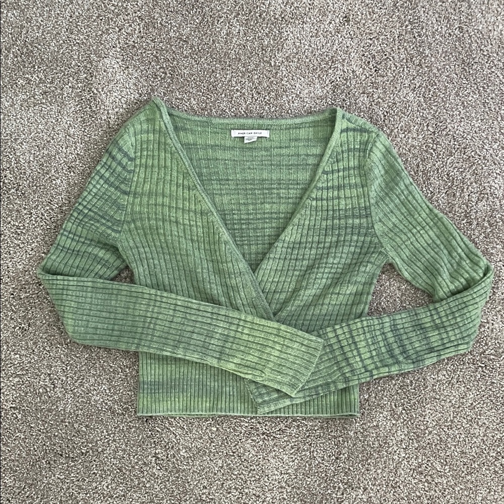 American Eagle Green Ribbed V-Neck Sweater